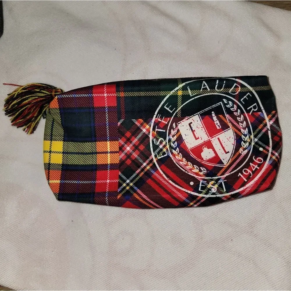 Estee Lauder Plaid Tartan Cosmetic Zipper Make Up Bag with Tassle & Big Logo